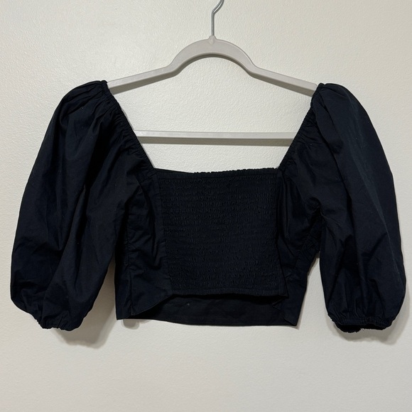 Abercrombie & Fitch Emerson Top Size Small Black Poplin Crop Shirt Puff Sleeve - Picture 5 of 6